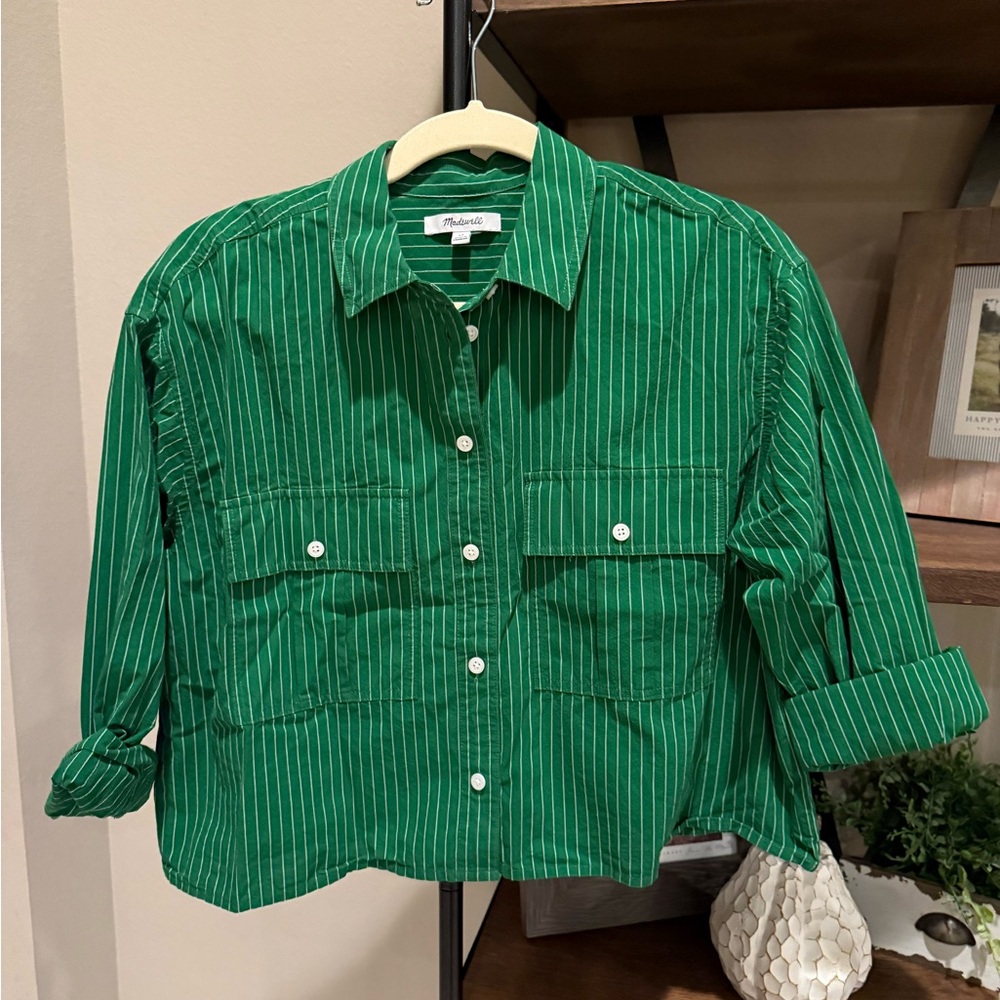 Madewell Cropped Green Striped Shirt